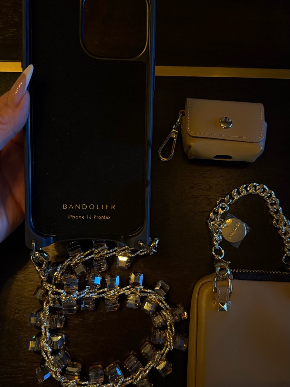 Bandolier Tan Crystal Phone Crossbody Set with Gold Chain Accents & AirPod Case - Picture 4 of 9
